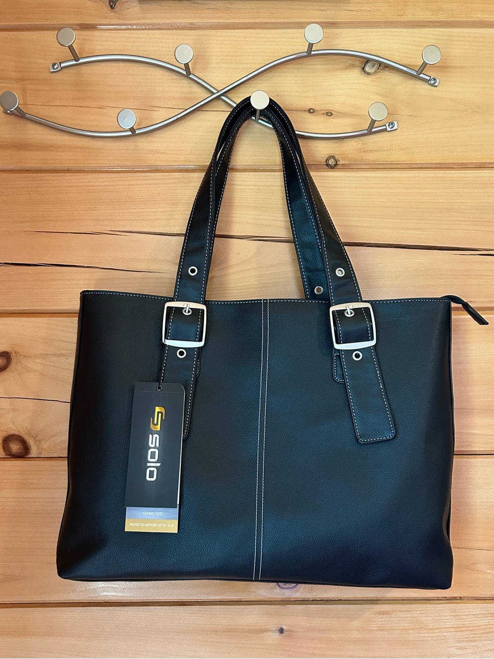 solo Black Leather Laptop Tote with Buckle Straps